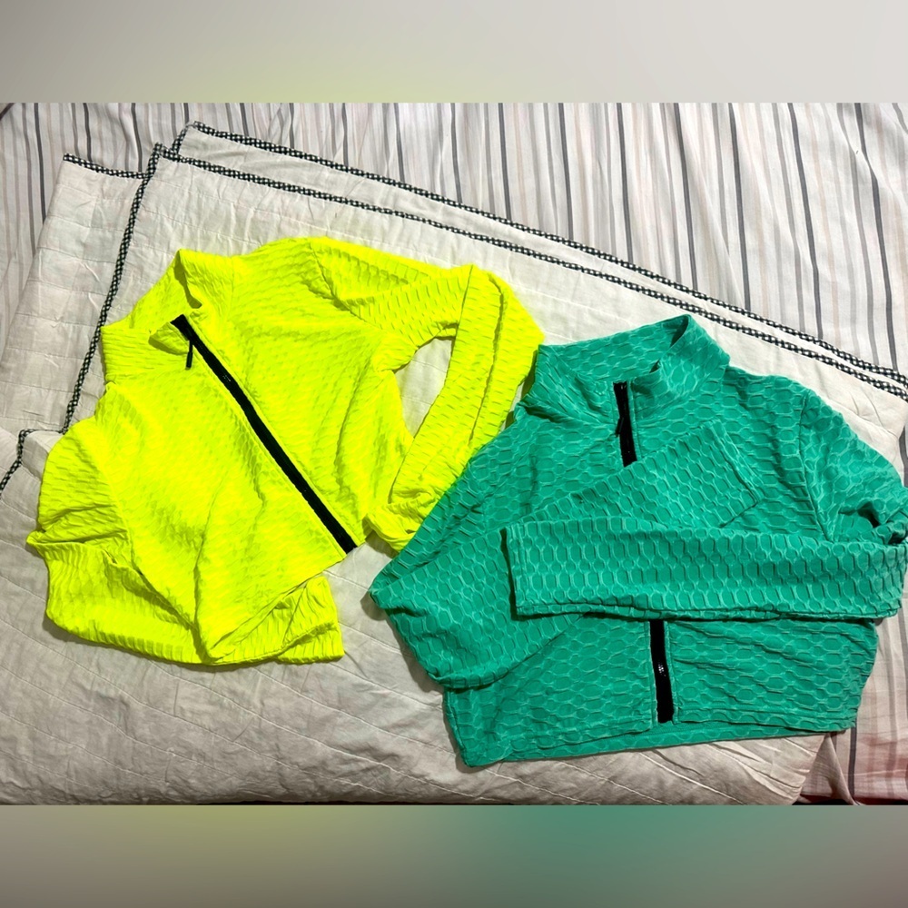 Neon Yellow and Teal Textured Zip-Up Crop Jackets Pack of Two